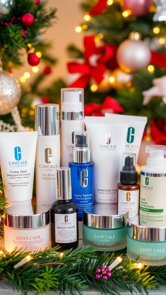 Skincare Gift Ideas for Christmas Wishlist A festive arrangement of skincare products for Christmas, including moisturizers and serums, with holiday decorations.